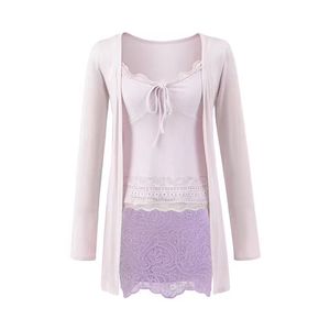 Women's Lace and Lace Patchwork Floral Slim Fit Long Sleeve Spring/Summer Bottom Shirt and T-shirt Set - Product Image 3