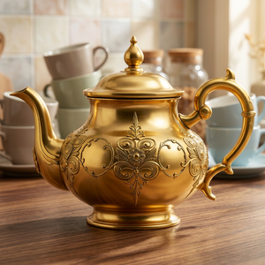 Théière vintage dorée avec couvercle et poignée, pot à eau en métal au design décoratif - Product Image 2