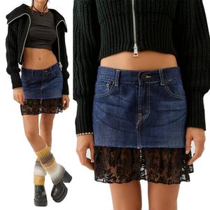 Minifalda vaquera azul de talle bajo con encaje en contraste para mujer - Product Image 6