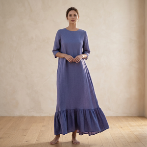 Women 100% Cotton Handmade Breathable Midi <b>Dress</b> Bell Sleeve V-neck <b>Ruffle</b> Hem Loose Fit Vintage High Waist A-Line Summer Plus - Product Image 3