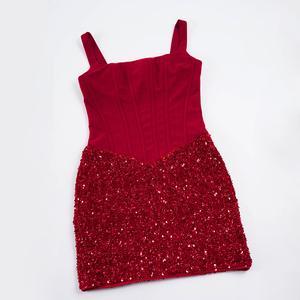 Robe mini trapèze rouge à sequins pour femme, sans manches, col carré, coupe ajustée, dos nu sexy, taille haute, respirante, infroissable, pour soirée - Product Image 6
