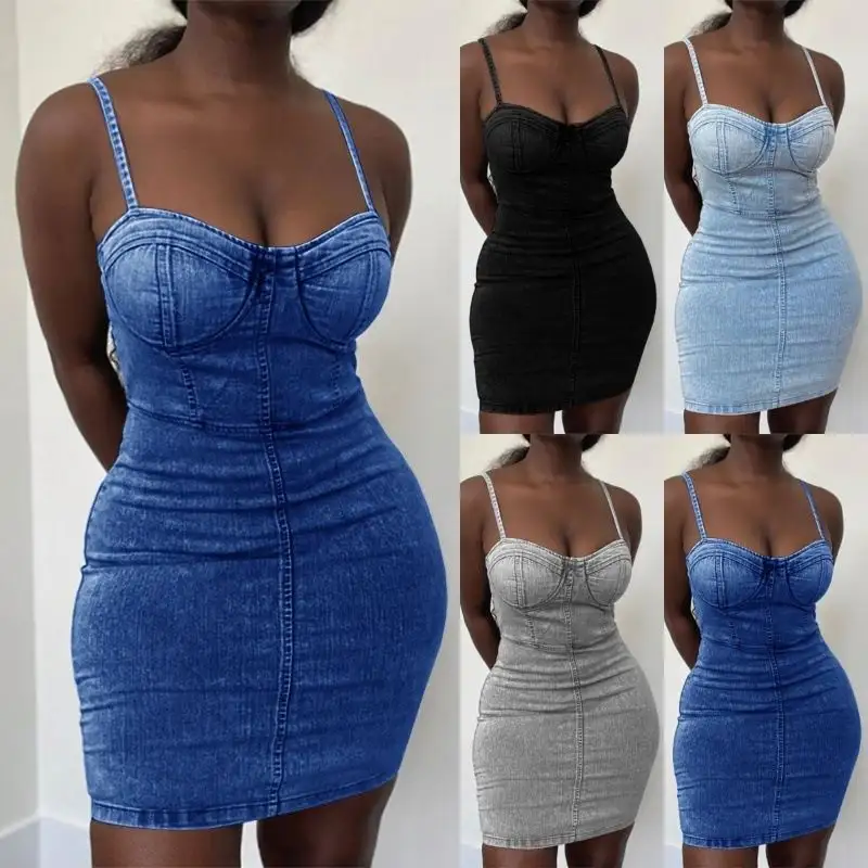 2021 Fashion Women's Clothing Summer mini Bodycon Imitated denim derss Thin Milk Silk womens Printed Shredded milk dress