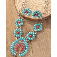 Parure de bijoux vintage western turquoise, collier statement Squash Blossom et boucles d'oreilles pendantes, ensemble collier et boucles d'oreilles rétro en pierre rouge
