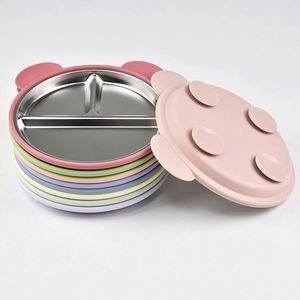 Assiette d'alimentation pour bébé en acier inoxydable 304, silicone, ronde, trois compartiments, sans BPA, résistante au micro-ondes, isolation thermique, antidérapante - Product Image 1