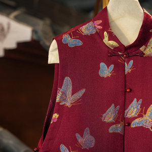 Vêtement féminin original, Gilet en brocart de soie de mûrier rouge ample à col montant et coupe irrégulière, motif papillon féerique, pour banquet, 5778 - Product Image 4