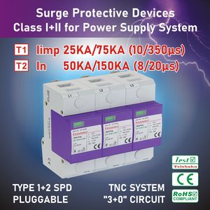 T1 + T2 <span class=keywords><strong>AC</strong></span> SPD Dispositivo de Protección contra Sobretensiones Telebahn 255V 25kA 3 Polos Supresor de Sobretensiones DPS para Sistema Trifásico de Cuatro Cables, 1 Unidad - Product Image 2