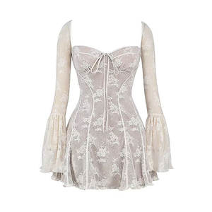 Mode sexy personnalisée Doublure en dentelle Robe pour femmes transfrontalière Manches évasées Col trapèze Tempérament de la mode Mini robe mince - Product Image 6