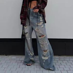 Gran Oferta: Jeans Baggy Desgastados de Nuevo Diseño, 100% Algodón, Estilo Urbano Vintage, Oversize, Lavado Ácido, Efecto Desgastado, Tiro Bajo - Product Image 1