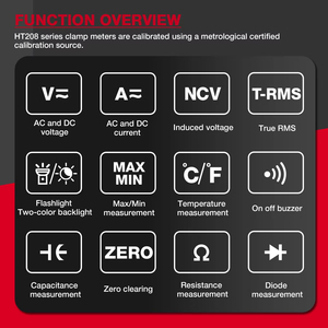 Multímetro de Gancho de Alta Precisão HT208 1000A 1000V AC/<span class=keywords><strong>DC</strong></span> True RMS Digital com Medição de Capacitância, Temperatura, Ohm e Frequência (Hz) - Product Image 2