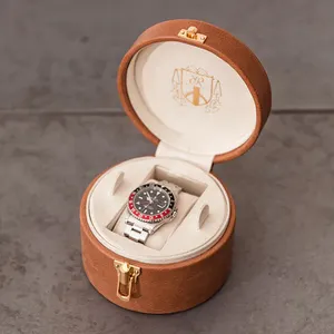 사용자 정의 디자인 로고 종이 pu 가죽 단일 시계 선물 상자 포장 선물 시계 롤 상자 베개 라운드 시계 상자 럭셔리