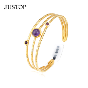 JUSTOP Gold Plated Stainless Steel Cuff <b>Bracelet</b> with <b>Amethyst</b> Bezel Setting Trendy Geometric Unisex Jewelry - Product Image 1