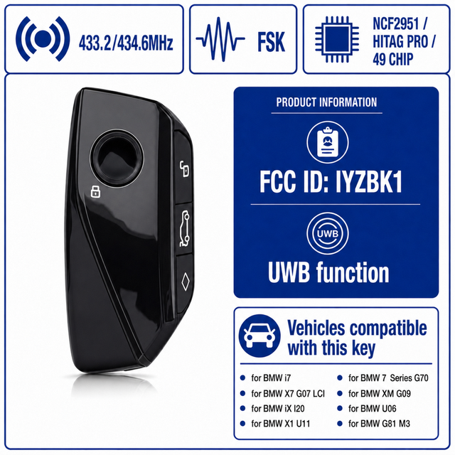 Replacement Smart Car Remote Key Fob for BMW 4Button 433MHz FSK NCF2951 HITAG PRO 49CHIP IYZBK1 With UWB Function
