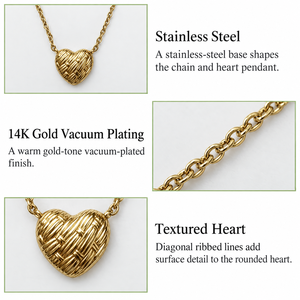 Collier Cœur Texturé en Acier Inoxydable Plaqué Or 14K par Galvanoplastie Sous Vide, Pendentif Côtelé, Chaîne Fine, Bijou - Product Image 4
