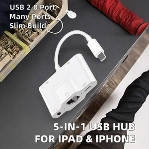 Mới cho 5 trong 1 <span class=keywords><strong>USB</strong></span> Hub với ánh sáng để <span class=keywords><strong>Ethernet</strong></span> <span class=keywords><strong>USB</strong></span>-A 2.0 cổng <span class=keywords><strong>Adapter</strong></span> cho iPad iPhone trong kho - Product Image 2
