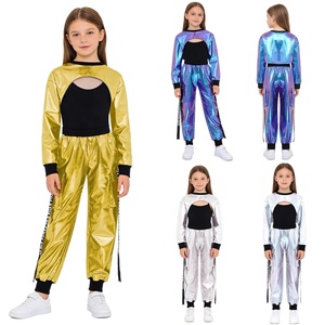 Tenues de danse hip-hop pour filles de 6 à 16 ans, haut et pantalon métalliques, vêtements de danse moderne, jazz, street, standard, latin, costumes d'entraînement - Product Image 1
