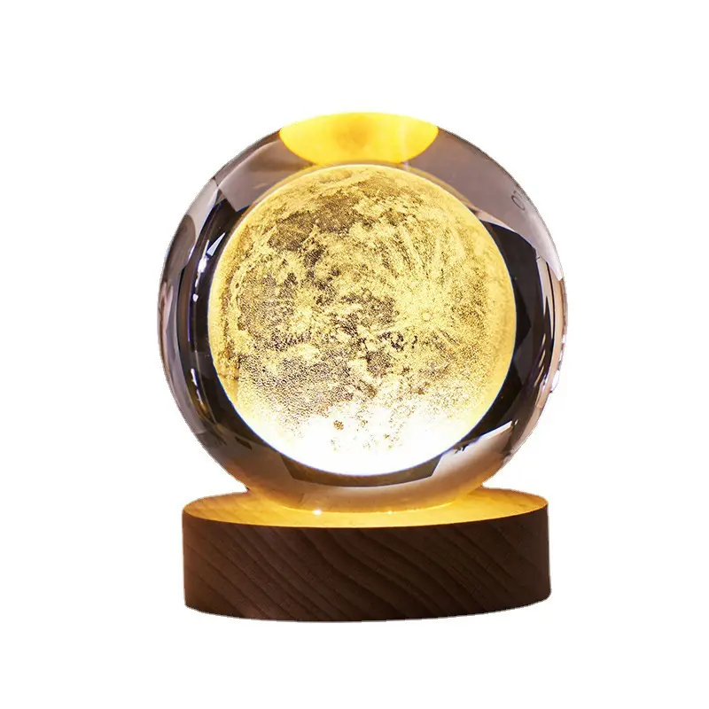 Customized 6cm 8cm 3D Art Crystal Ball Night Lamp Wood Base Luminous Lamp Astronaut Moon Solar System Light
