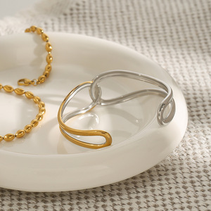 Stainless Steel <b>Cuff</b> <b>Bracelet</b> 18K Gold <b>Silver</b> Accents Minimalist Intertwined Knot Design Unisex Jewelry - Product Image 4