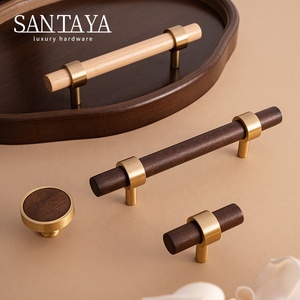 Tay nắm cửa bằng đồng thau, núm gỗ nguyên khối, tay nắm chữ T, tay nắm tủ bếp bằng gỗ, màu gỗ óc chó đen Bắc Mỹ Santaya - Product Image 1
