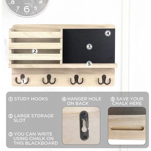 Wooden <b>Wall</b>-<b>Mounted</b> Key Holder With Chalkboard <b>Shelf</b> Entryway Organizer For Keys Mail Notes - Product Image 3