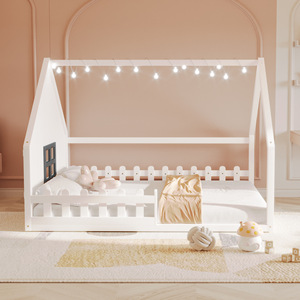 Kids <b>House</b> <b>Bed</b> White Wooden Frame With Lights For Children Bedroom Furniture - Product Image 3