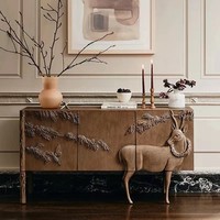 Armoire vintage en bois massif avec motif animal sculpté, écologique, grande capacité, rétro moderne, double porte, 2 compartiments, salon