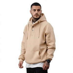Sweat-shirt à capuche beige pour homme, coupe ample, 100% coton molletonné, pull-over uni, tricoté, coupe-vent, vêtements décontractés d'automne - Product Image 3