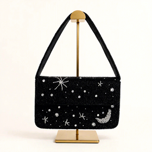 Handmade Black Saddle Shape <b>Handbag</b> Star Moon Embroidery Glass Beads Polyester Washable <b>Wedding</b> Party Application - Product Image 2