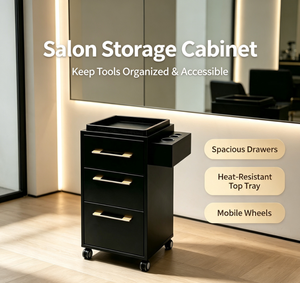 Meuble de rangement mobile pour salon, chariot à outils de coiffure à 3 tiroirs, plateau supérieur résistant à la chaleur, support pour sèche-cheveux, 4 roues, en bois, pour la beauté - Product Image 1