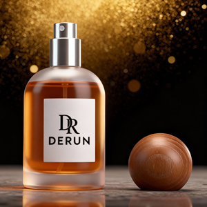 Flacon de parfum rond de luxe 50 ml en verre, pulvérisateur à pompe argenté brillant, finition givrée, couvercle en bois, impression sérigraphique, contenant cosmétique - Product Image 6