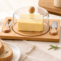 Nouvelle boîte de rangement transparente anti-poussière en bambou et bois pour beurre, plateau à fromage et beurre japonais avec couteau et fourchette