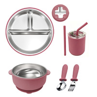 Ensemble de vaisselle pour bébé en acier inoxydable 304 et silicone, comprenant un bol à ventouse, une assiette compartimentée, une tasse, une cuillère et une fourchette pour tout-petits