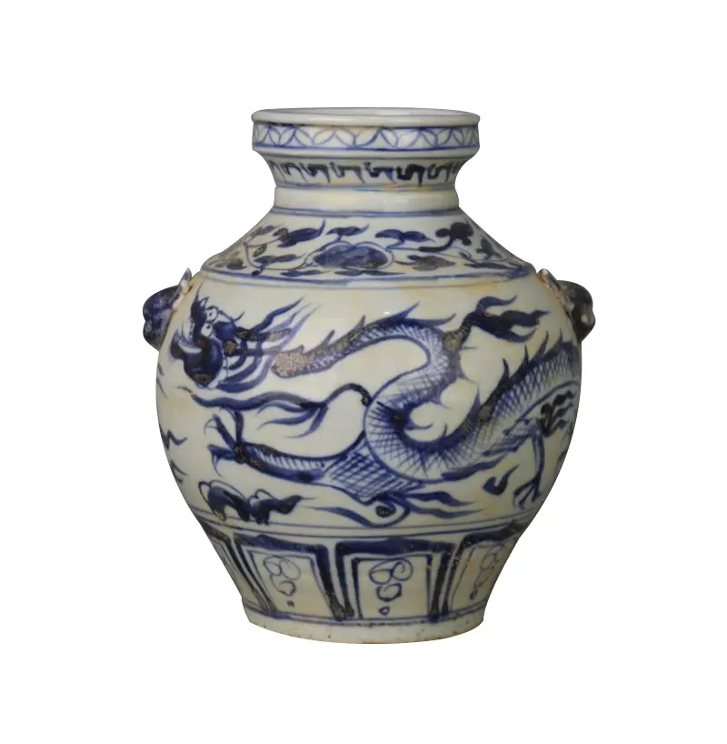 Yuan pote de dragão azul e branco, frasco de porcelana antigo pintado à mão