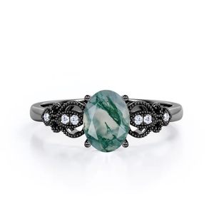 แหวนหมั้นเพชรกะรัต0.5เงินแท้925รูปไข่สีเขียวมอสโบราณแกะสลักแบบหมุนวนสำหรับงานแต่งงานแบบคลาสสิก - Product Image 1