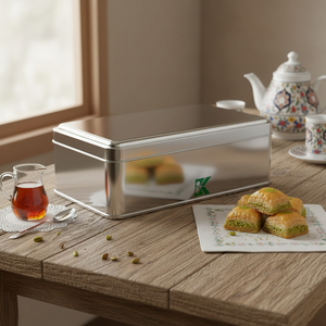 Caja Rectangular de Hojalata Kontensan L438 de 1.5 Litros para Baklava y Dulces, 114 x 188 x 60 mm, Tapa Deslizante, Hecho en Turquía - Product Image 3
