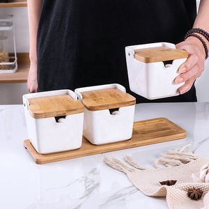 Set di 3 Zuccheriere in <span class=keywords><strong>Ceramica</strong></span> con Cucchiai e Coperchi in Bambù, Contenitori Quadrati in Porcellana per Condimenti e Spezie - Product Image 2