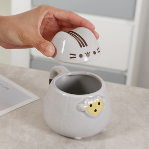 ถ้วยกาแฟเซรามิกทำด้วยมือลายแมวการ์ตูนน่ารักแก้วมักลายแมว3D คิตตี้โตโตโรน่ารักพร้อมฝาปิดสำหรับกลับไปโรงเรียน - Product Image 2