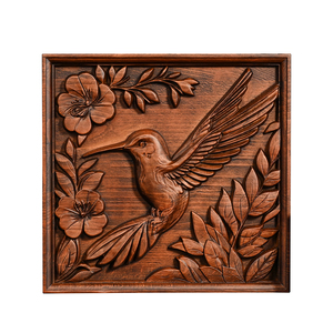 Panel de Arte Mural de Madera Tallado a Mano con Colibrí y Flores, Placa Decorativa Rústica con Relieve Natural, Decoración para el Hogar al por Mayor - Product Image 1