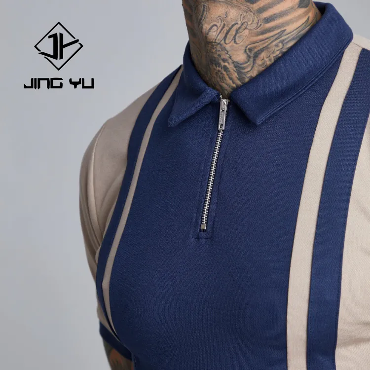 Slim Fit Zip Contrast High Quality Stripe Colorblock Knitted Men New Design 2 Tone Custom Polo Shirts