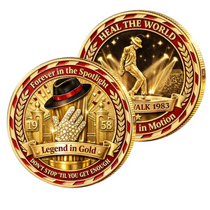 Stock Pop King Pièce Commémorative en Métal, Souvenir de Collection, Article de Fans, Cadeau, avec Motif Silhouette de Scène, Chapeau et Gant - Product Image 4