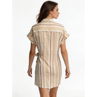 Robe chemise en coton rayée beige pour femme, décontractée, à manches courtes, boutonnée, mini-robe printemps-été