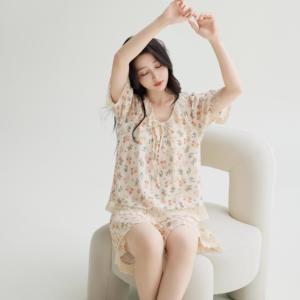<span class=keywords><strong>Pigiama</strong></span> in garza di <span class=keywords><strong>cotone</strong></span> Vintage con finiture in pizzo francese | Pantaloncini e maniche corte da ragazza, con imbottitura per reggiseno, indossabile all'esterno - Product Image 3