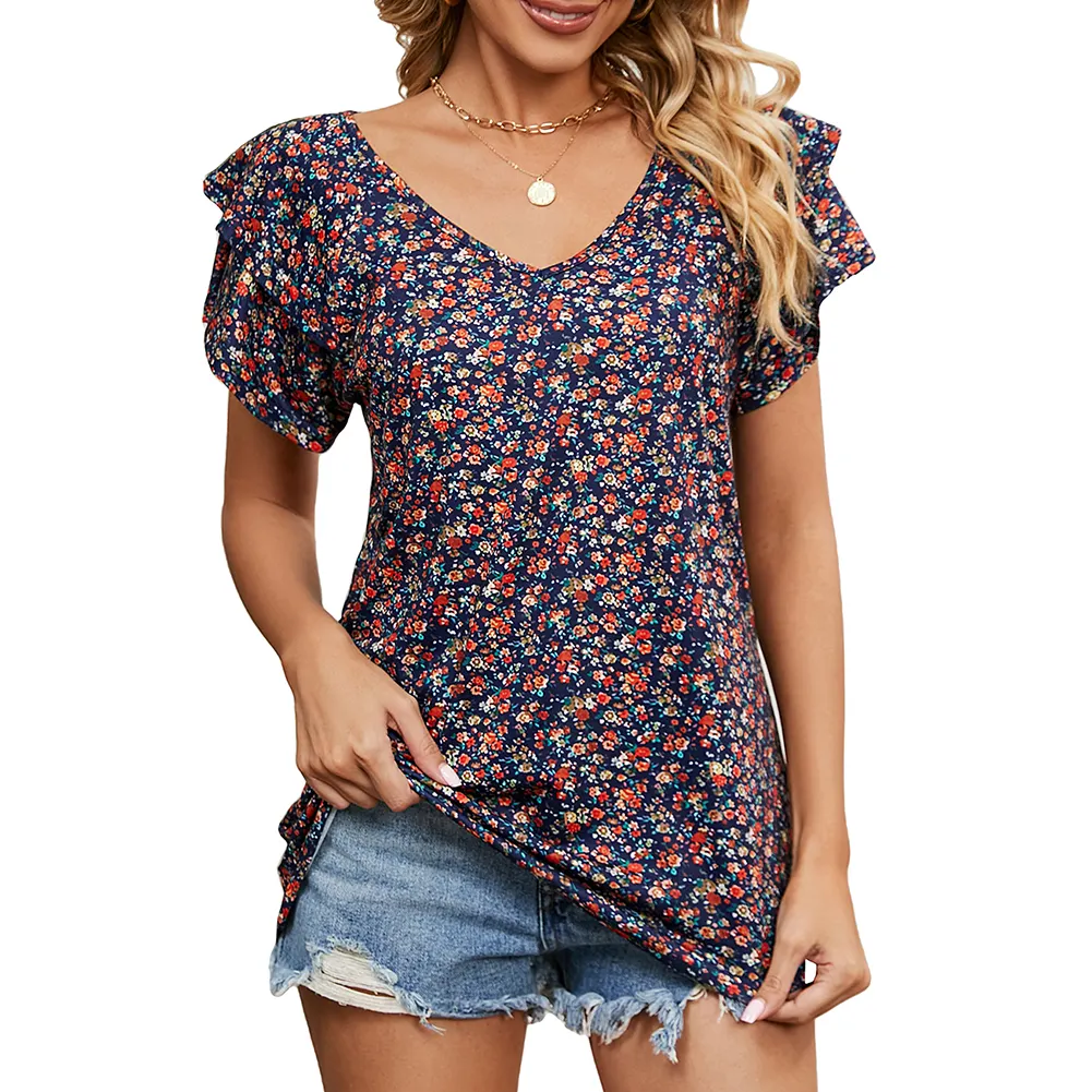 Woman Tops Fashionable Female Ruffle Sleeve Stylish Blouses and Tops for Ladies Floral Print