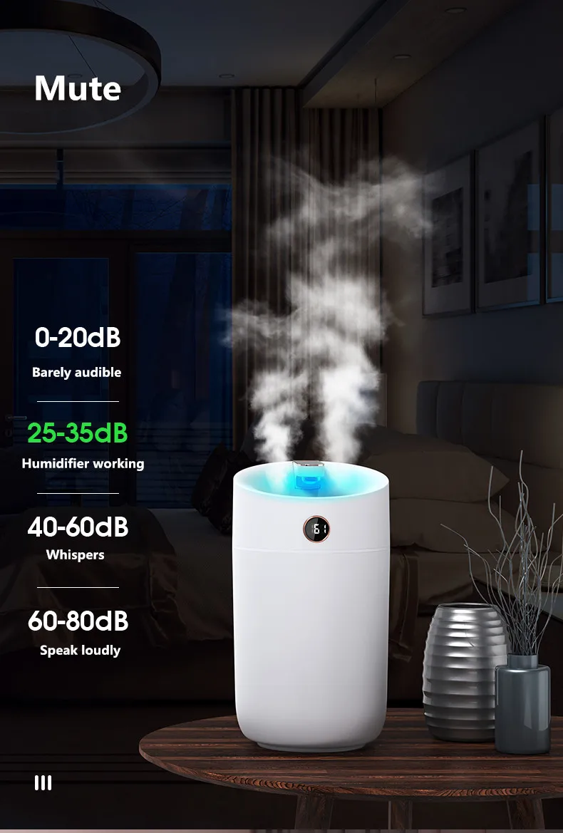Manufacturer OEM color light dual mist large room office anti-dry 3000ml 2.5l 2l 4 liter mist humidifier with humidity screen
