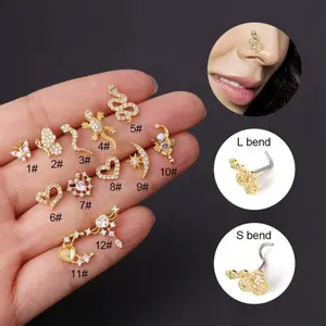 Piercings nasaux en acier inoxydable pour femmes, 20G 316L, bijoux en forme de serpent, cœur, Zircon, vis indienne, Piercing du nez