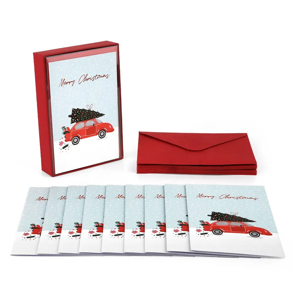 Cartes de vœux en papier recyclé imprimées personnalisées pour voiture, pliables, pour vacances, joyeux noël, en boîte avec enveloppes, vente en gros