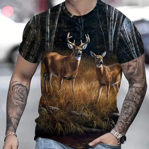 T-Shirt da uomo con stampa di <span class=keywords><strong>cervo</strong></span> 3D con stampa di <span class=keywords><strong>cervo</strong></span> t-Shirt da uomo estive Casual a girocollo maglietta da uomo in poliestere - Product Image 1
