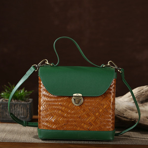 Chinese Style Bamboo Woven Bag Cowhide Crossbody Bucket Bag For Women All Seasons Vintage Design - Product Image 2