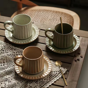 Vintage Retro Reactive Glazed Ceramic <strong>Cup</strong> and Saucer Set Custom Coffee Tea Mug Elegant Ribbed Drinkware for Home Gift Wholesale - Product Image 4