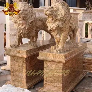 Handgeschnitzte outdoor-dekoration lebensgröße rote marmor-stein-löwenstatuen im stein