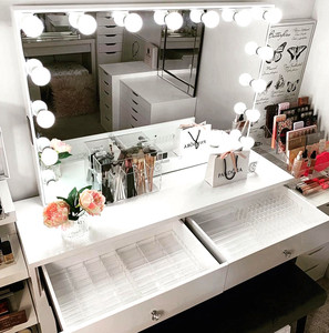 Coiffeuse moderne blanche avec éclairage LED, style bureau, miroir intégré, en bois, pour <span class=keywords><strong>chambre</strong></span> à coucher et salon, avec rangement - Product Image 3